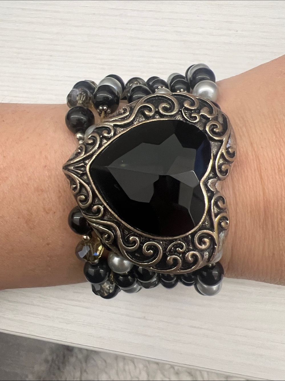 Black Heart Statement Stretch Bracelet with Ornate Frame